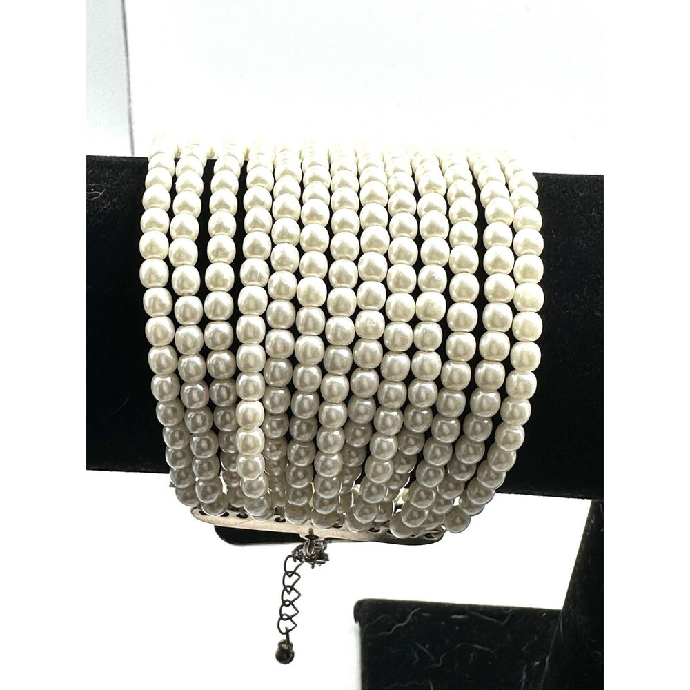 Vintage 13 Strand Faux Pearl Bracelet Ivory Cream Gold Tone Adjustable